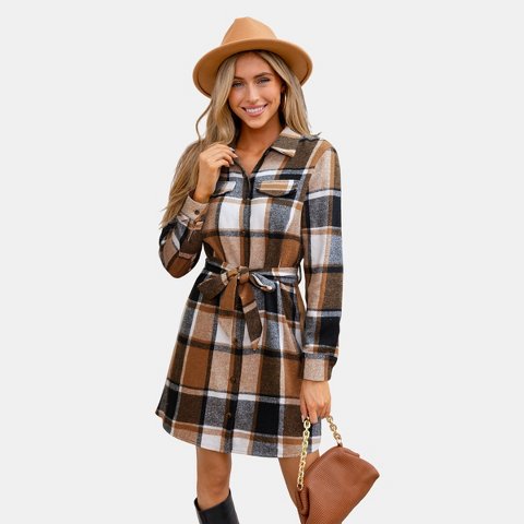 Женские платья Cupshe Women's Plaid Collared Long Sleeve Front Button Mini Shirt Dress-L-Orange