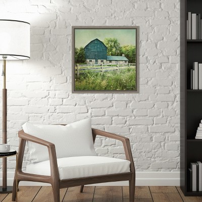 Blissful Country Barn Landscape Framed Canvas Print in Graywash
