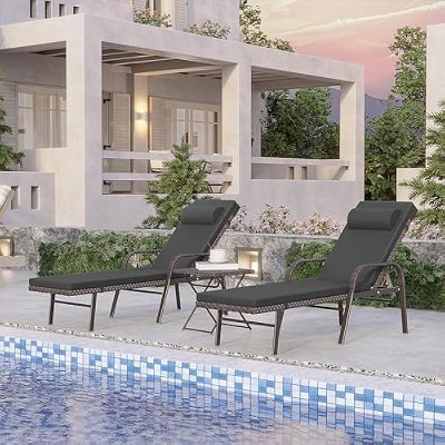 ALAULM Patio Chaise Lounge Set Outdoor Lounge Chair, Rattan Reclining Chair Adjustable Backrest, Pool Sunbathing Recliners with Folding Table