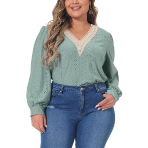 Women's Plus Size Lace Petal V Neck Puff Long Sleeve Eyelet Business Casual Blouses - Agnes Orinda - 1 of 4