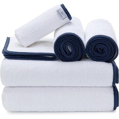 Luxury Turkish White Bath Towels with Color Trim, Set of 6 - 2 Bath 2 Hand 2 Face Towels, 600 GSM Ultra Soft and Absorbent