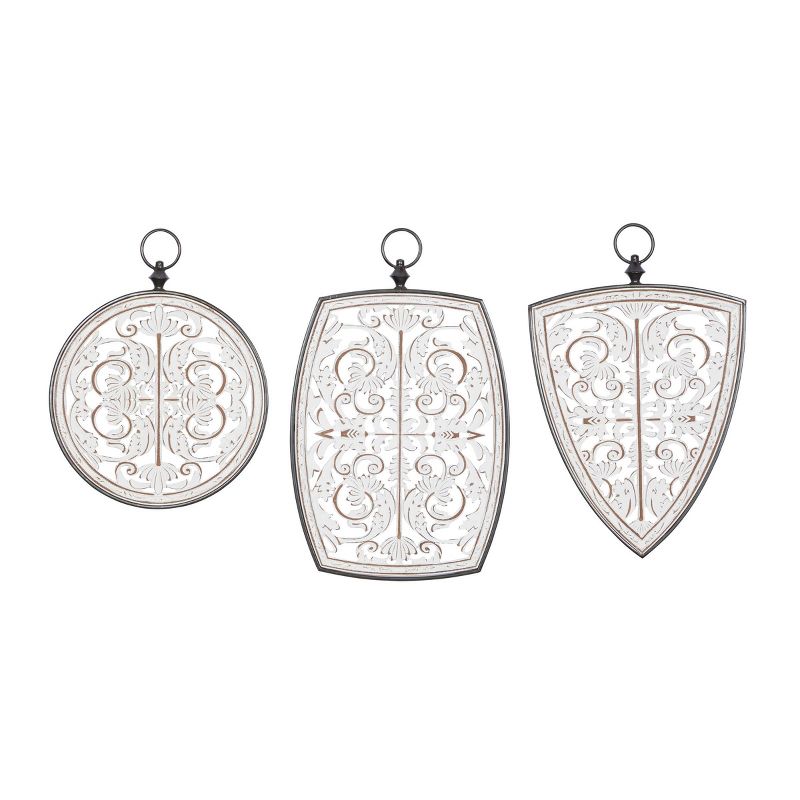 Wood Floral Carved Design Wall Decor with Ring Hanger Set of 3 White - Olivia &#38; May, 1 of 18