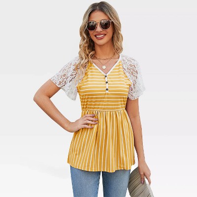 Womens V Neck Pelpum Shirts Lace Short Sleeve Floral Tops Front Button Tops,Yellow - S