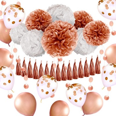 EpiqueOne Rose Gold Party Decorations Set: 36 Piece Party Supplies with 18” Balloons, Pom Poms, Tassels, 10m Ribbon & Tassel Ties