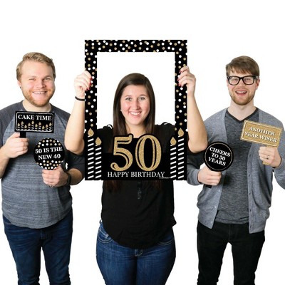 Big Dot of Happiness Adult 50th Birthday - Gold - Birthday Party Selfie Photo Booth Picture Frame & Props - Printed on Sturdy Material