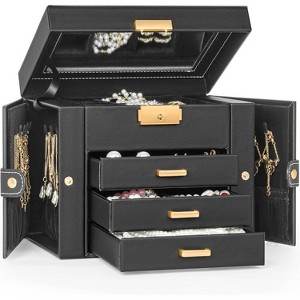 Leather Jewelry Box with Mirror & Lock, 3-Tier Organizer with 2 Drawers for Necklaces & Bracelets - 1 of 4