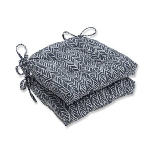 Set of 2 Indoor/Outdoor Herringbone Slate Reversible Chair Pad Gray - Pillow Perfect: Weather-Resistant, Tufted with Ties - 1 of 3