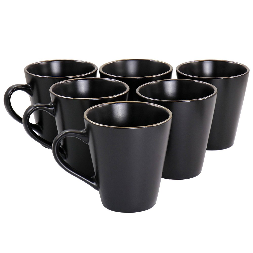 6pc Paul Stoneware 12 oz Mug Set with Rim Matte Black/Gold - Elama: Coffee Mugs Set, Dishwasher & Microwave Safe