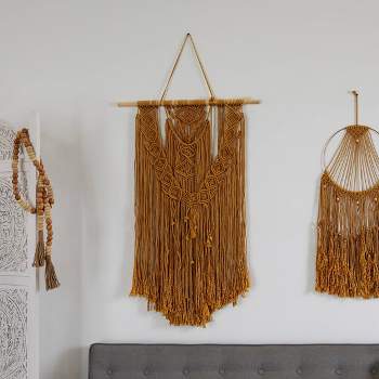49" x 27" Fabric Macrame Handmade Intricately Weaved Wall Decor with Beaded Fringe Tassels Brown - Olivia & May