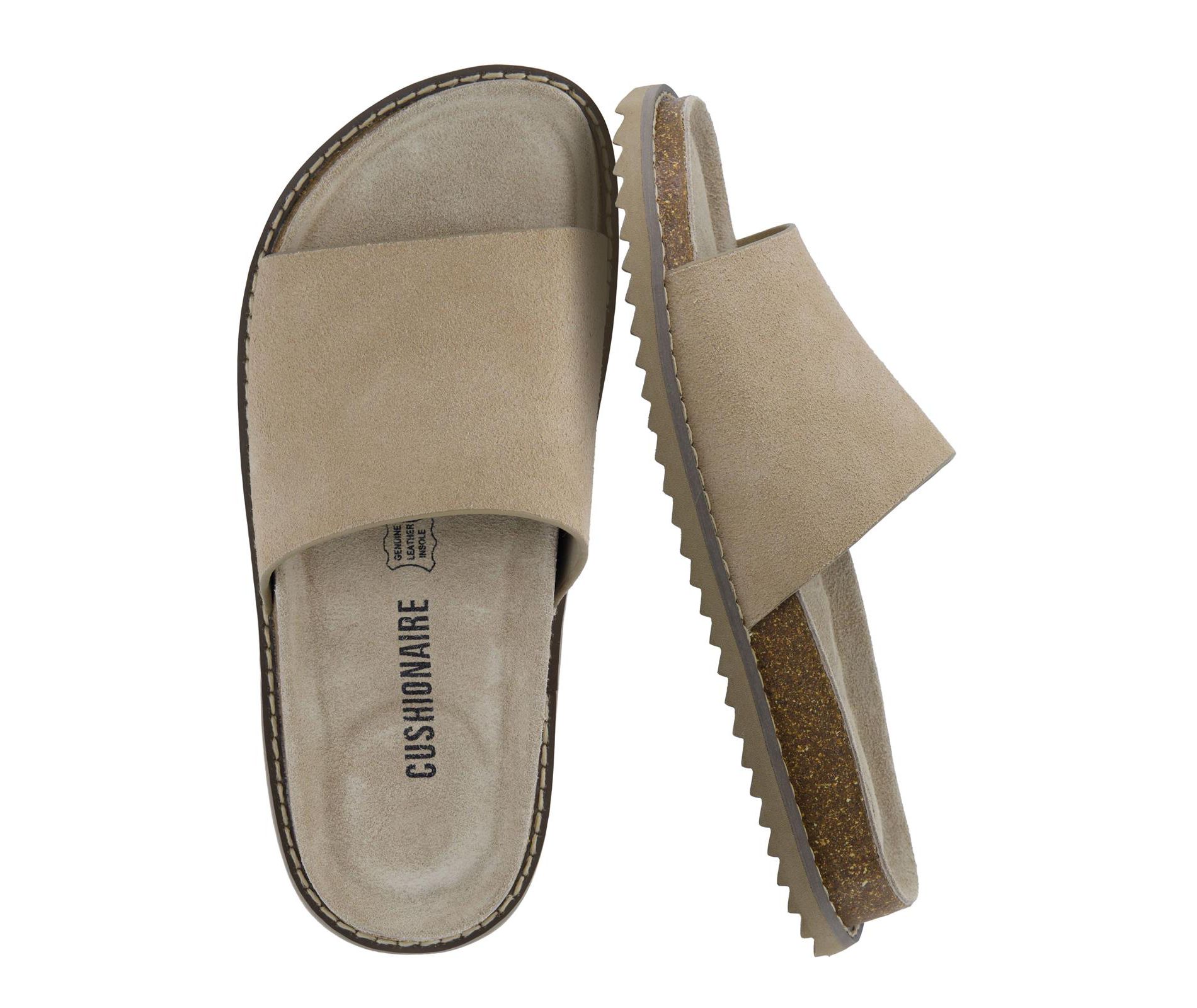 CUSHIONAIRE Ritual Women’s Slide Sandal – Suede Slip-On with Cork Footbed, Contoured Insole & Flexible Lightweight Outsole
