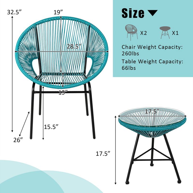 Costway 3PCS Patio Acapulco Furniture Bistro Set Plastic Rope Glass Table, 4 of 11
