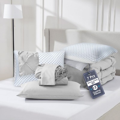 Nestl Comforter Set, 9 Piece Pinch Pleated Bedding Set, Bed in a Bag, All season Bed Set with Cooling Pillows