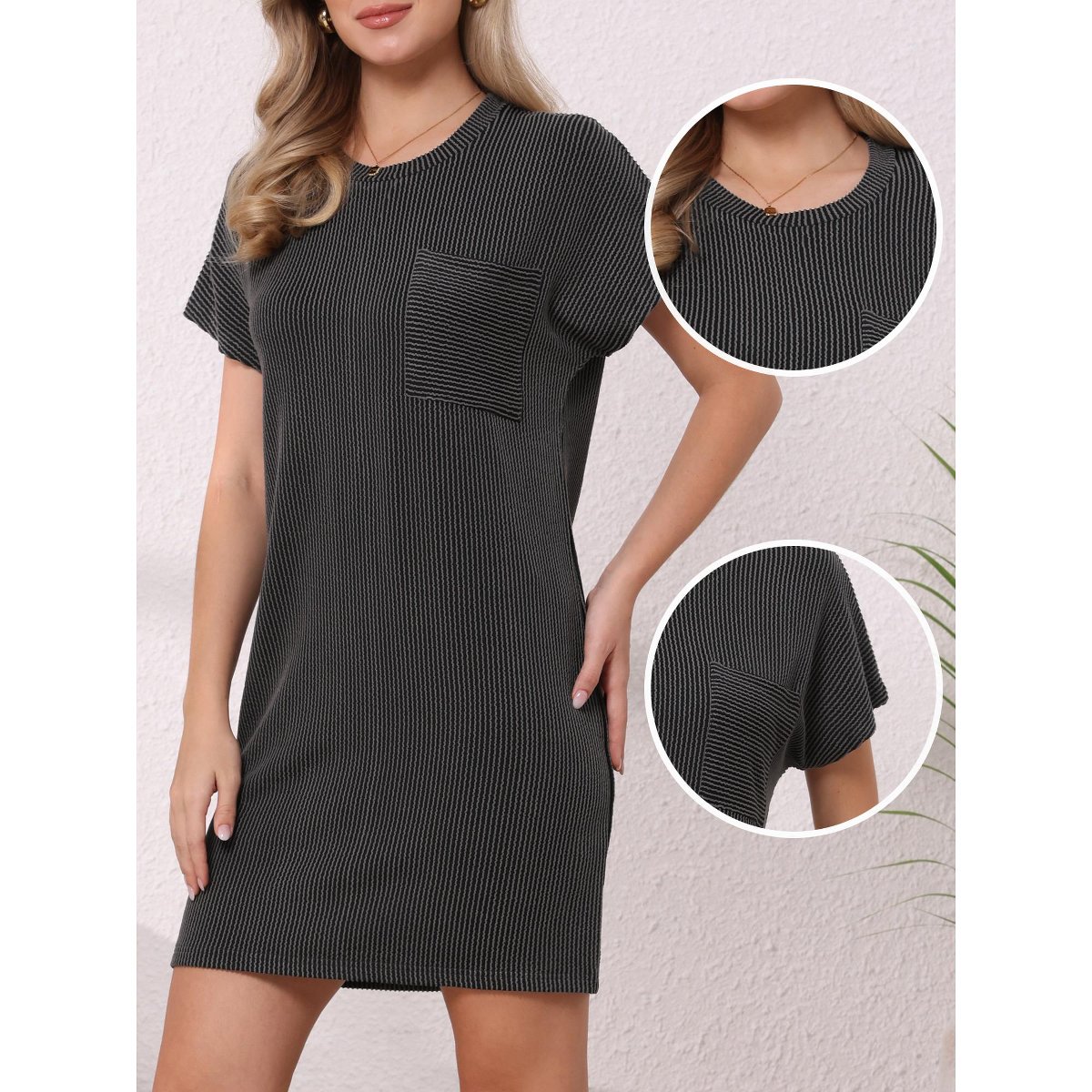 Женские платья INSPIRE CHIC Women's Striped Summer Crew Neck Short Sleeve Casual Shift Mini Dress X-Large Dark Gray — фото 2