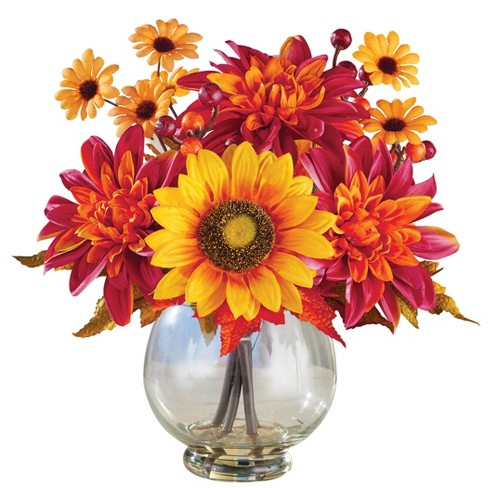 Collections Etc Artificial Mums and Sunflower Centerpiece with Glass Vase  10 X 10 X 11