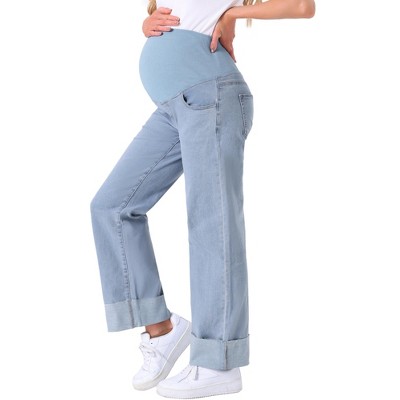 INSPIRE CHIC Women's Pregnant Cuffed Hem High Rise Straight Leg Denim Maternity Jeans Pant