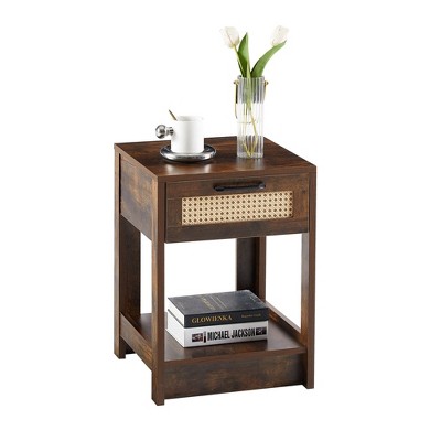 CAVINAS 15.75" Rattan Nightstand with Drawers, Modern Bedside Table with Bottom Open Storage Shelf for Bedroom, Living Room