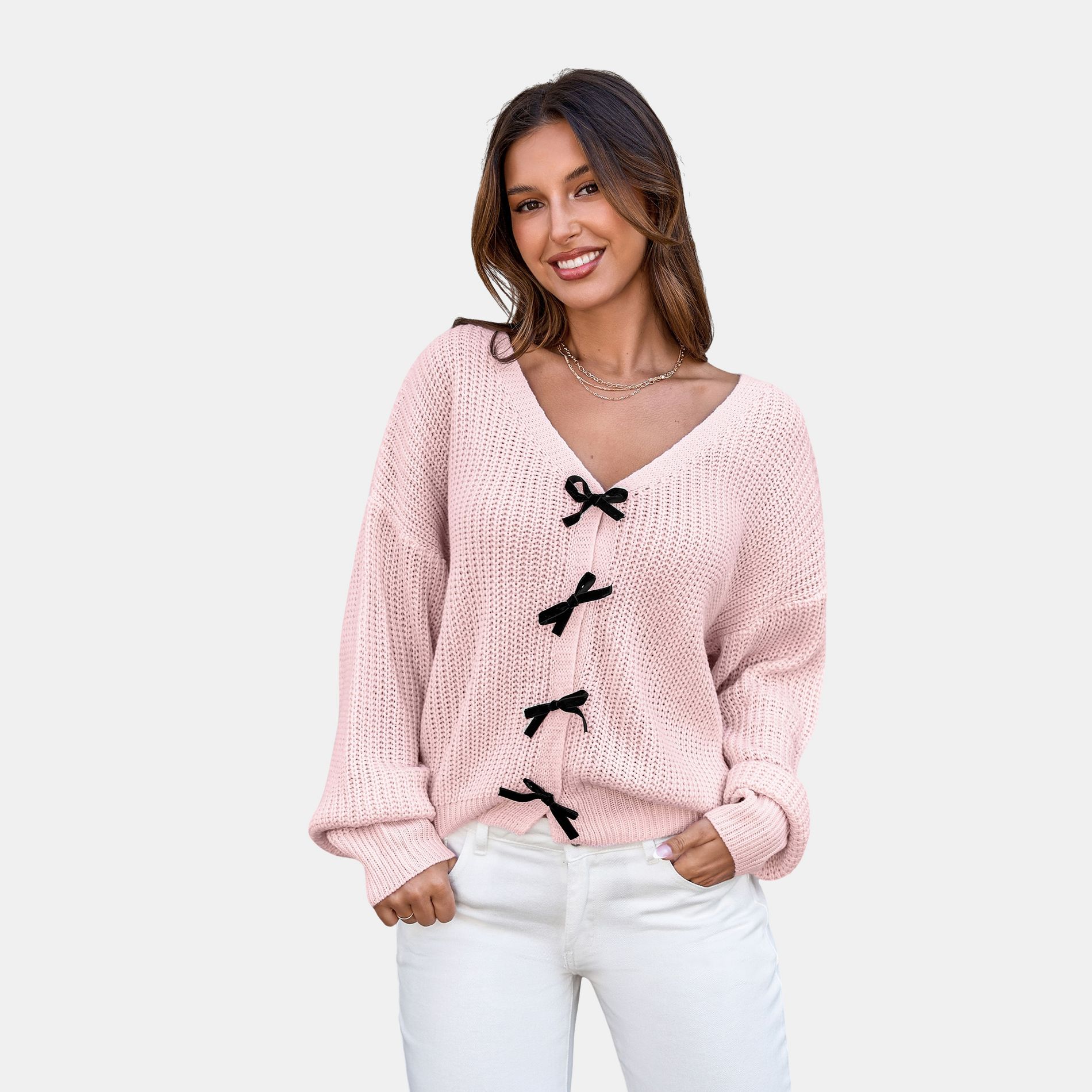 Cupshe Women's Knit Bow Detail Long Sleeve Sweater-XL-Pink