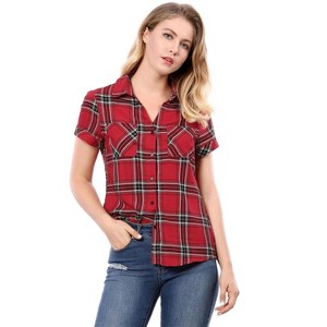INSPIRE CHIC Women's Classic Short Sleeve Button Down Plaid Shirt - 1 of 4