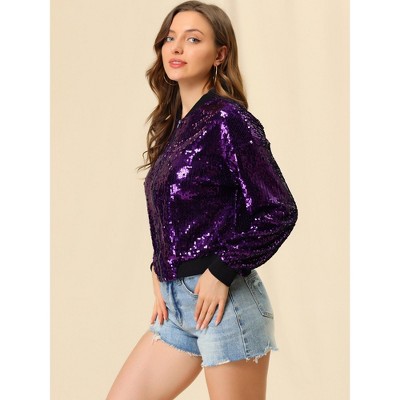 INSPIRE CHIC Women's Party Sequin Sparkle Long Sleeve Cropped Length Zipper Bomber Jacket Large Purple — фото 5