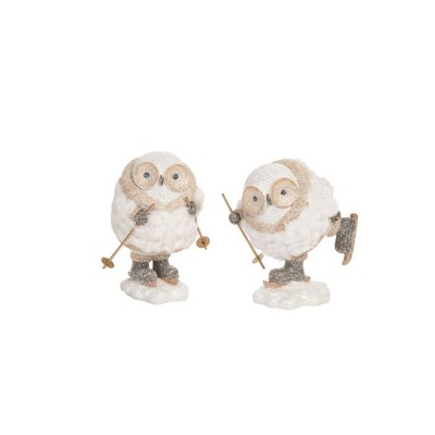 Transpac Set of 2 Fuzzy Skiing Owl Figurines Decorative Animal Objects for Christmas Tabletop and Mantel Decor