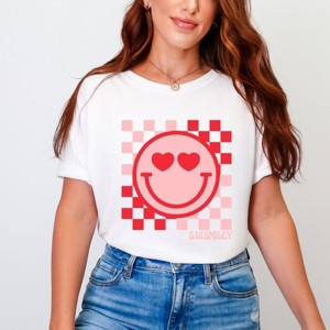 S.W.Smiley Checkered Heart Eyes Smiley - Women's Garment Dyed Graphic T-Shirt - 1 of 4