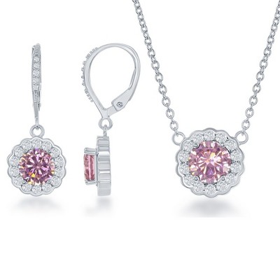 Bella Silver Sterling Silver October Birthstone w/ CZ Border Round Earrings and 18" Pendant Necklace Set