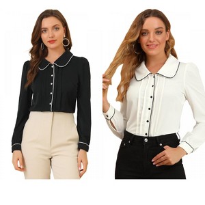INSPIRE CHIC Women's Casual Peter Pan Collar Button Down Contrast Puff Sleeve Work Blouse 2 Packs - 1 of 4