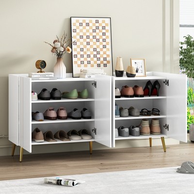 TIRAMISUBEST Luxurious Shoe Cabinet with 5 Metal Legs, Modern Shoe Rack with 4 Adjustable Shelves, Minimalist Sideboard Cabinet with Gold Lines Doors