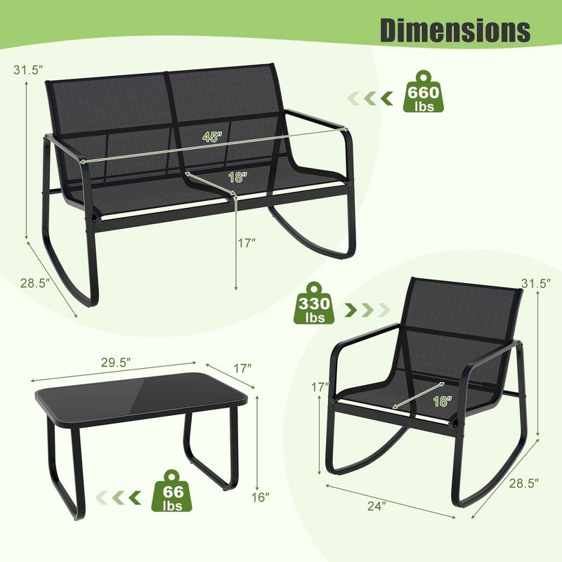 Costway 4/8 PCS Patio Rocking Set 4 Rocking Chairs & 2 Loveseat with Glass-Top Table Outdoor, 3 of 11