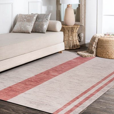 Ivory and Pink 9' x 12' Reversible Washable Stripe Rug