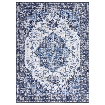 Garvee Vintage Area Rug, Low-Pile Machine Washable Rug, Non-Shedding Ultra-Thin Stain Resistant, Non Slip Rubber Backing(Blue)