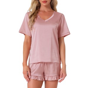 INSPIRE CHIC Women's Short Sleeve V Neck Lounge Set Frill Elastic Waist Pajama Sets - 1 of 4