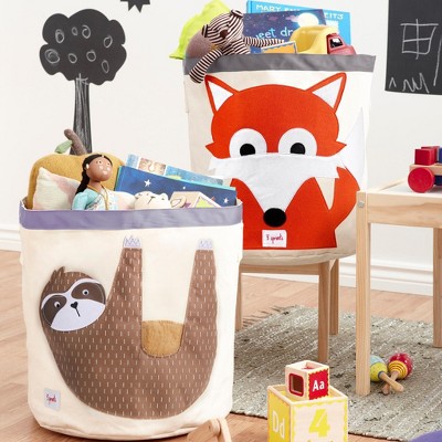 Large Beige and Brown Canvas Kids Toy Storage Basket with Sloth Design