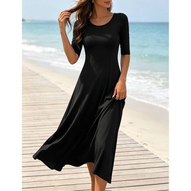 half sleeve casual dress Women Round‑Neck Half‑Sleeve Fit‑and‑Flared Maxi Flowing Long Dress, Black, M : Target casual short dress Hydrofera Blue CLASSIC® | Size:0-1 Year (80cm) crew neckline Desert Rose