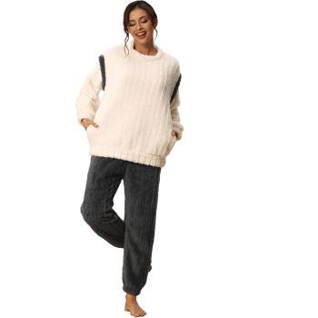 cheibear Women's Flannel Fleece Sweatsuits with Pockets Winter Pajama Sets
