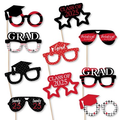 Big Dot of Happiness 2025 Red Graduation Glasses - Paper Card Stock Party Photo Booth Props Kit - 10 Count