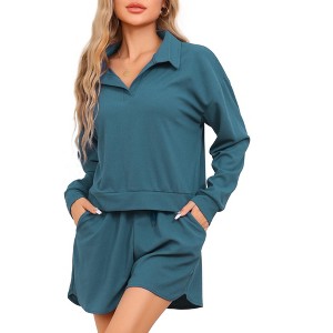cheibear Women's Waffle Knit Long Sleeve Top and Shorts with Pockets Pajamas Sets 2 Pcs - 1 of 4