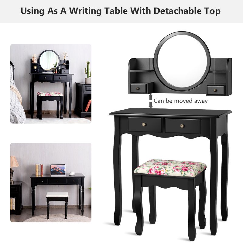 Tangkula Vanity Table Set w/Detachable Mirror & Stool Black/White, 4 of 11