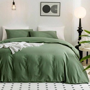Green Queen Duvet Cover, 100 Washed Cotton, Breathable Set with Zipper, 3 Pieces - 1 of 4