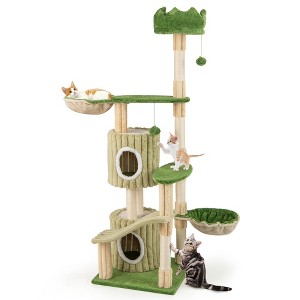 Tangkula 63" Tall Cat Tree w/ 2 Condos Plush Padded Top Perch 2 Hammocks 2 Dangling Balls Green - 1 of 4