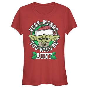 Juniors Womens Star Wars Christmas Yoda Very Merry Aunt T-Shirt - 1 of 3