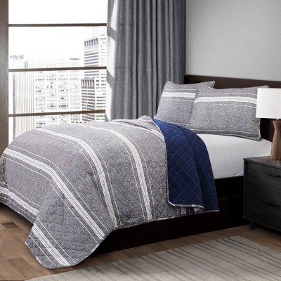 Full/Queen Marlton Stripe Quilt Set Gray - Lush Décor