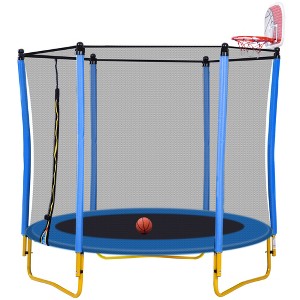 SEVOBAL Trampolines, 65" Kids Trampoline with Basketball Hoop and Safety Net for Indoor Outdoor Use, Blue, 65"*65"*76.5" - 1 of 4
