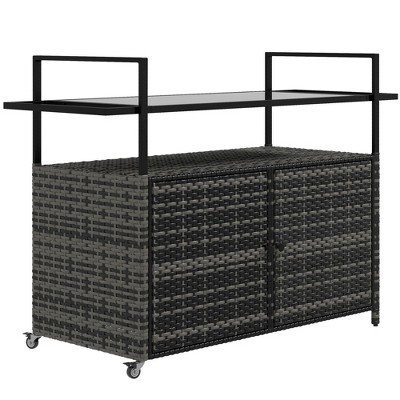 Outsunny 2-Tier Shelf PE Rattan Outdoor Bar Table, Glass Top Patio Serving Cart
