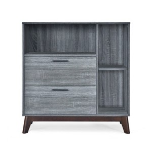 Vynxaria Mid-Century Modern Cabinet - Faux Wood with Splayed Legs, Cubby Shelves & 2 Drawers,Gray - 1 of 4
