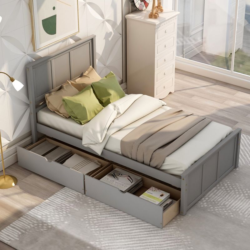 Twin Size Wood Platform Storage Bed with Trundle Bed/ Two Drawers-ModernLuxe, 2 of 11