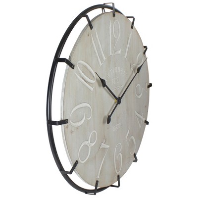 23.5" Black Metal and Light Brown Wood Rustic Round Wall Clock
