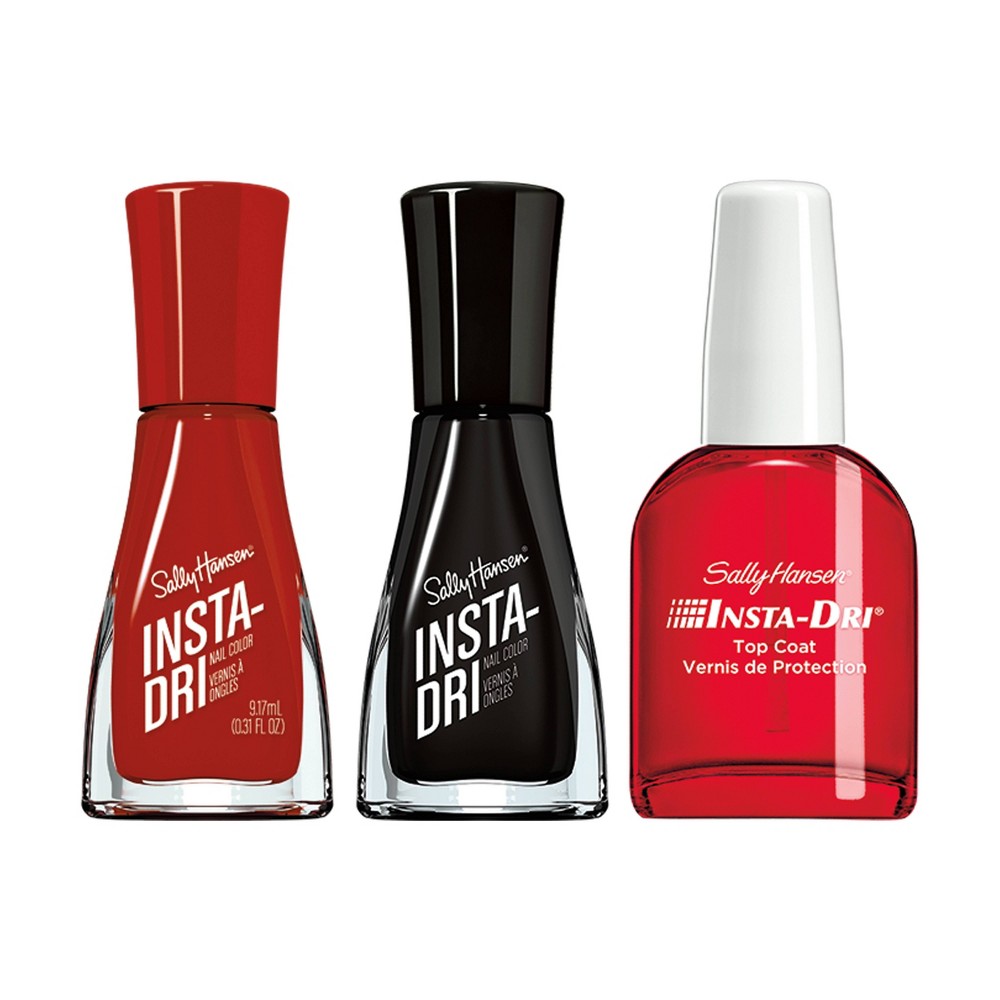(3-Pack Nail Polish Kit) Sally Hansen Insta Dri Black, Insta Dri Hail Cherry, and Insta Dri Top Coat
