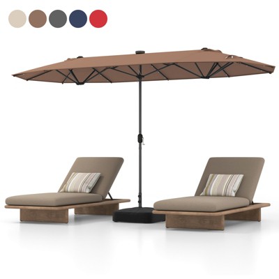 Tangkula 13 FT Patio Umbrella Double-Sided Market Umbrella with 36 Solar-Powered LED Lights Cross Base Included Beige/Grey/Navy/Red/Tan