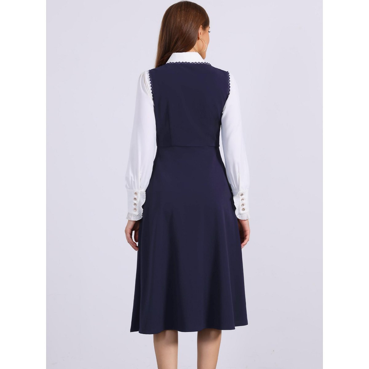 Женские платья INSPIRE CHIC Women's Lace Trim Button Decor Midi Pinafore Dresses with Pockets Dark Blue X-Large — фото 3